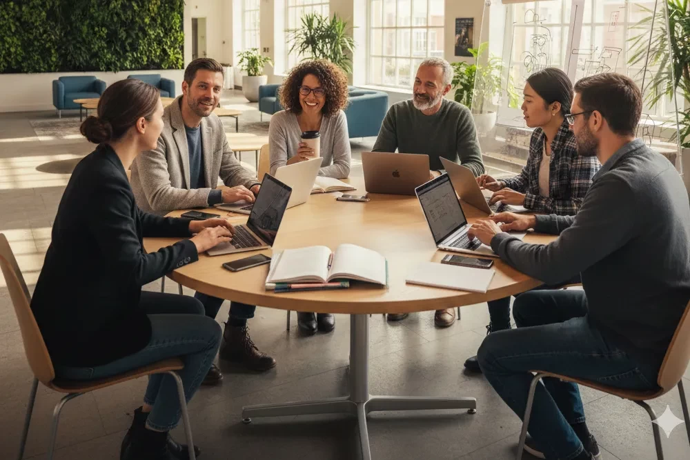 Diverse adult students collaborating in modern university learning space with laptops for online degree programs