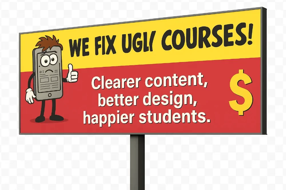 A bright billboard-style graphic featuring a cartoon caveman and the phrase “We Fix Ugly Courses” in bold, playful letters